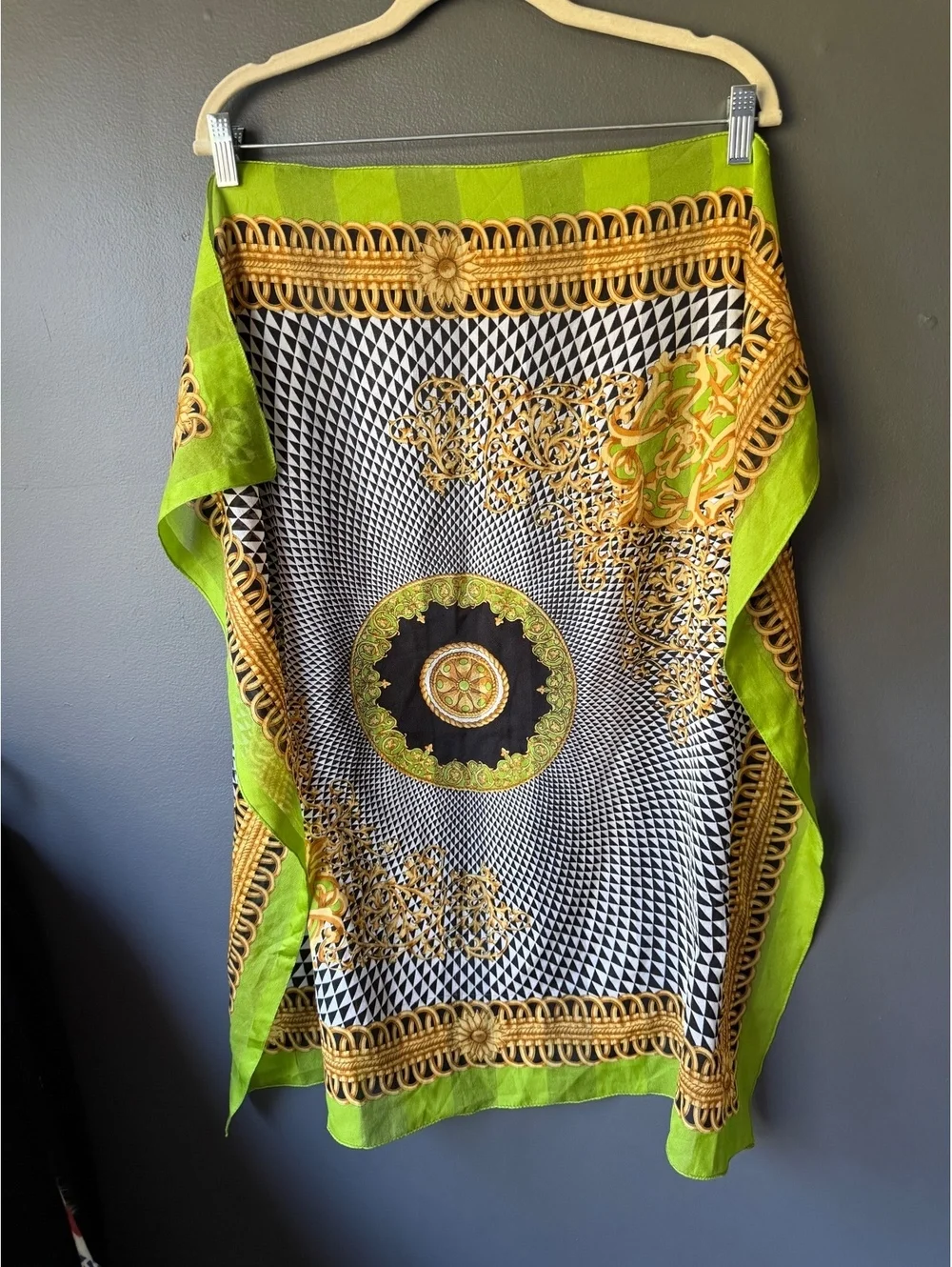 Elegant Green and Gold Patterned Scarf with Geometric and Baroque Design